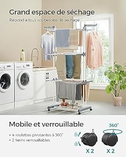 SONGMICS Étendoir à Linge, Séchoir Mobile à 4 Niveaux, avec roulettes, Pliable, 63,5 x 128 x 173 cm, Grande Capacité, Montage Facile, Utilisation Intérieure et Extérieure, Blanc LLR701W01