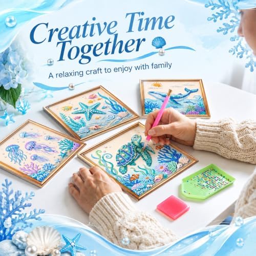 Resholder 4 Set DIY Ocean Theme Pearl Diamond Art Kit with 2D Printed Frame — 사진 4