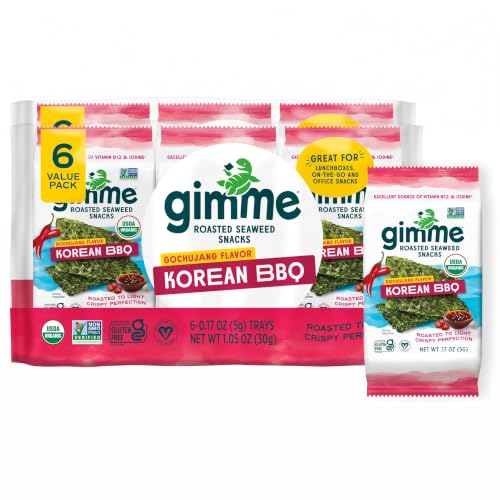 Gimme Seaweed Organic Premium Roasted Seaweed Snacks,Korean BBQ,Keto,Vegan,Gluten-Free,Great Source of Omega3s and Iodine,Healthy On-The-Go Snack for Kids and Adults,6 Count (Pack of 2)