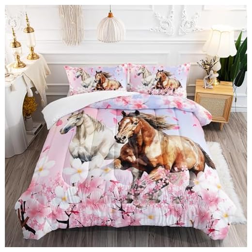 XYNHML Juego de edredón de caballo para niños, tamaño Queen, diseño floral de animales, hermoso caballo, elegante, flor de cerezo, juego de ropa de cama 3D para decoración de animales salvajes para