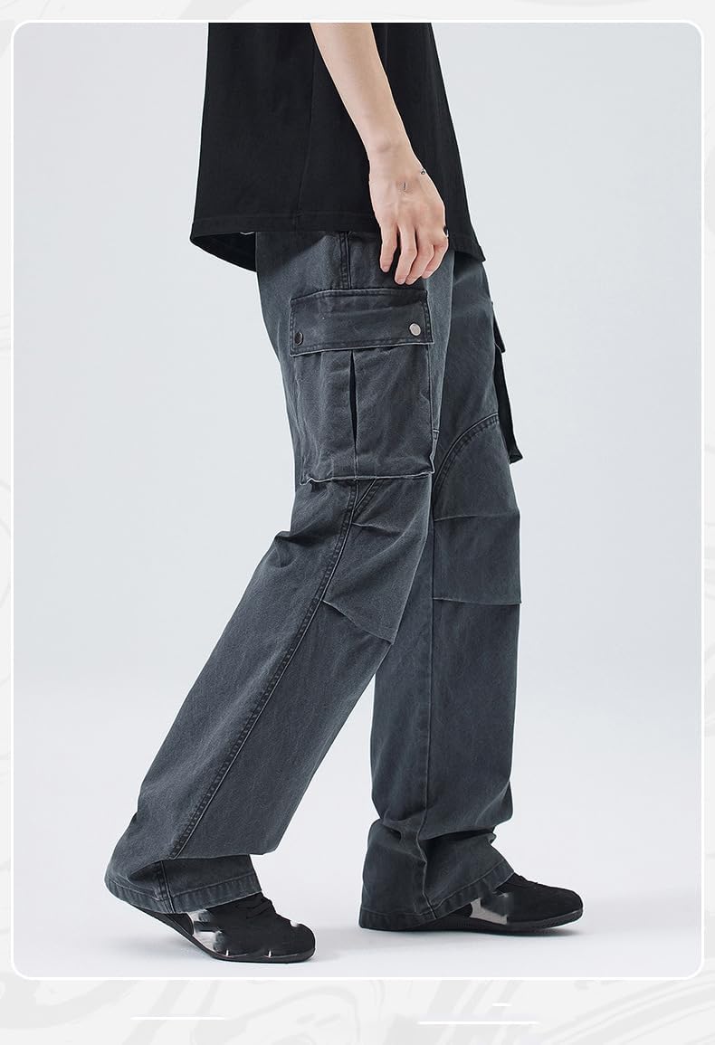Men's Denim Cargo Jeans, Vintage Washed Soft, Wide Leg Trousers with Multi-Pocket for Four Season Walking