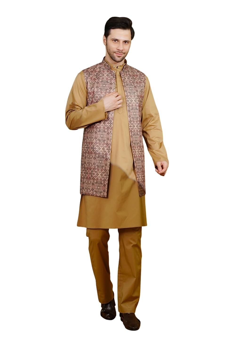 Men's Poplin Gold Kurta Pyjama with Nehru Jacket-image-38