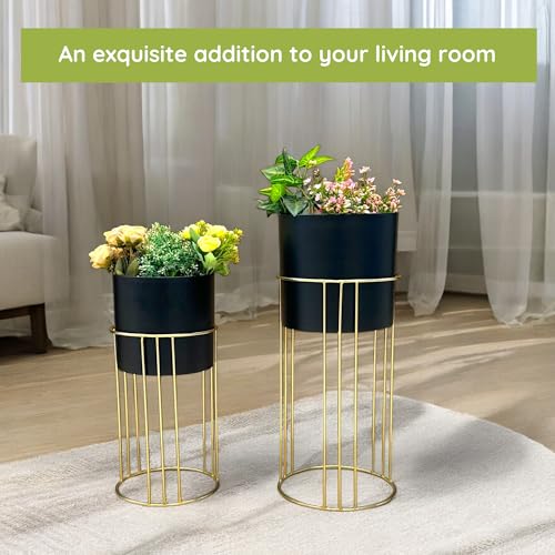 Image of Decorative Black Planter Gold Stand for Living Room | 24 inch & 19 inch (Height) x 10 inch & 9 inch (Diameter) | Modern Indoor Planters and Flower Pots Set of 2 (Gold & Black)