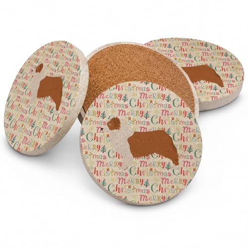 Caroline's Treasures Australian Shepherd Dog Merry Christmas Large Sandstone Coasters Pack of 4 Absorbent Round Coasters Decor Gifts for Men or Women, 4 in, Multicolor
