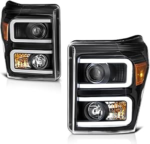 VIPMOTOZ Neon Tube Projector Headlight Assembly For 2011-2016 Ford Superduty F-250 F-350 F-450 Pickup Truck - Matte Black Housing, Driver and Passenger Side