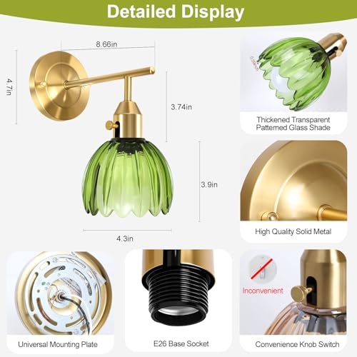 Image of Vintage Wall Sconces Set of 2 with Green Tulip Glass Lampshade, Hardwired and Wireless Wall Mounted Light Fixtures (2 Usage Methods), Gold Lamp with Switch for Bedside Bedroom Living Room Wall Decor