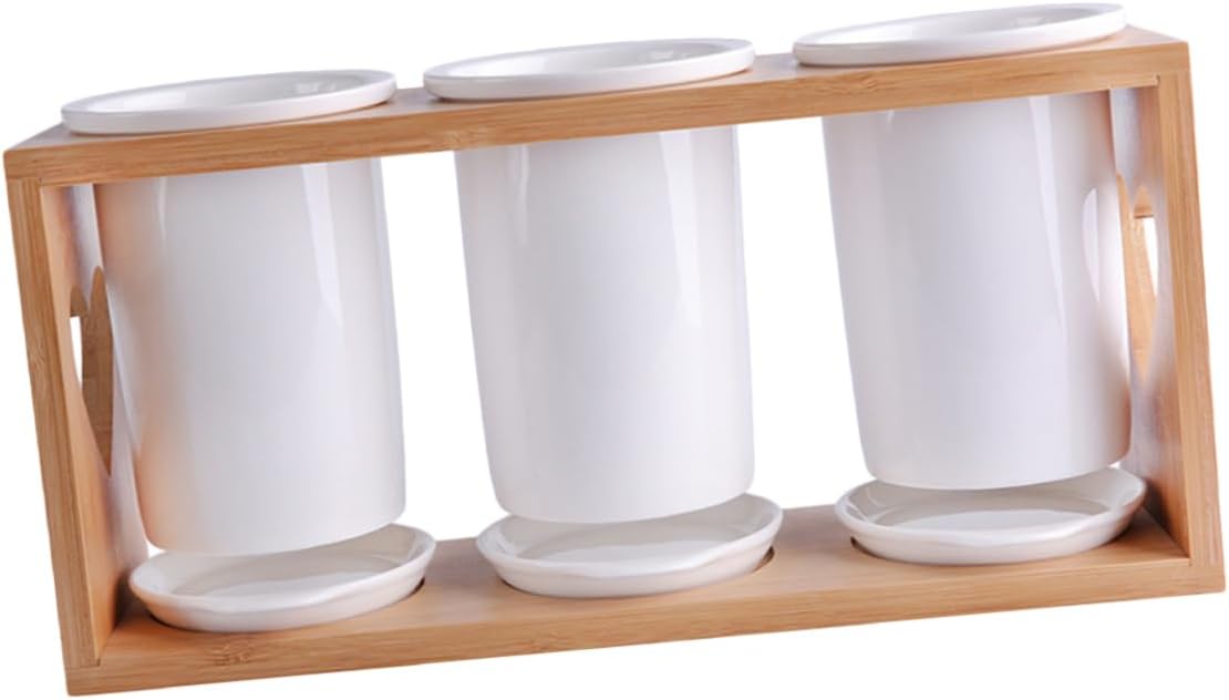 Cabilock Ceramic Chopsticks Holder Bamboo Rack 3-Tier Utensil Organizer for Kitchen Counter Multifunctional Cutlery Storage Draining Design for Family Use