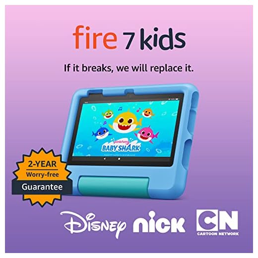 Amazon Fire 7 Kids tablet, ages 3-7. Top-selling 7" kids tablet on Amazon - 2022 | ad-free content with parental controls included, 10-hr battery, 16 GB, Blue