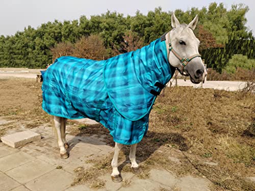Ankaier 600D Waterproof & Windproof Winter Turnout Horse Blanket With Detachable Neck Hood Covered, High-Grade Thermal Polyfill Materials (250 Grams), Heavy Weight Version- Blue/Grid - 75" Inches #TOP5