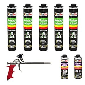Isolbau Bouwschuimset, incl. 5 x 1 K montageschuim pistoolschuim (elk 750 ml), 1 x schuimpistool & 2 x PU-schuimreiniger (elk 500 ml)