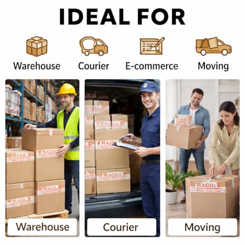 Image of Fragile Packing Tape | Pack of 6 Rolls | 48 mm / 2 Inch x 65 Meter BOPP Adhesive Tape | Heavy Duty Red & White Warning Tape for Fragile Parcels E-Commerce &