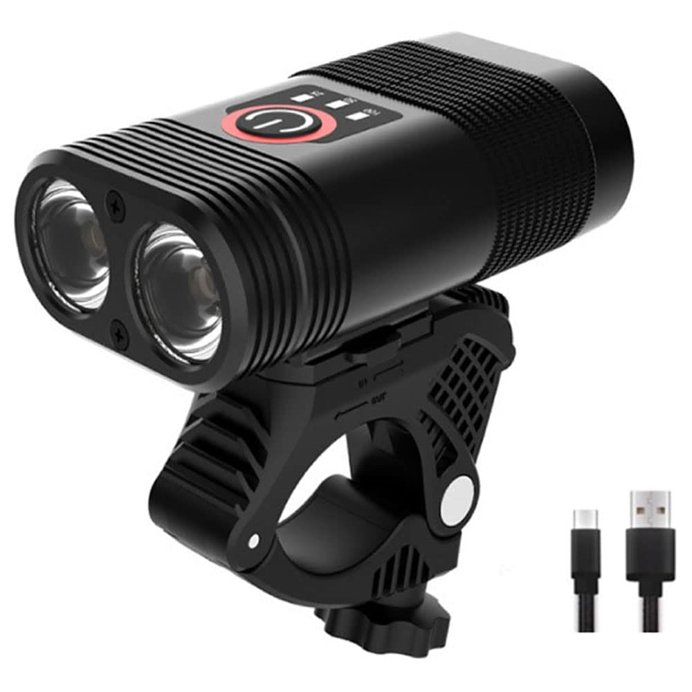 Phare Avant de vélo 1800 lumens, Batterie Externe 2200 mAh Rechargeable par USB, étanche IPX6, Lampe Torche pour VTT