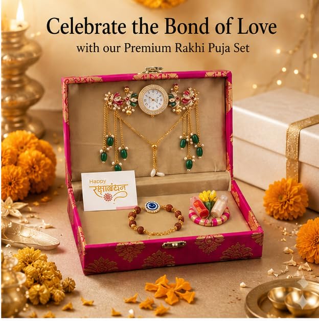 Image of Designer Set for Brother with Analog Wrist Watch, Matching, Rudraksha Evil Eye Rakhi, Roli Chawal & Gift Box | Raksha Bandhan Gift Hamper