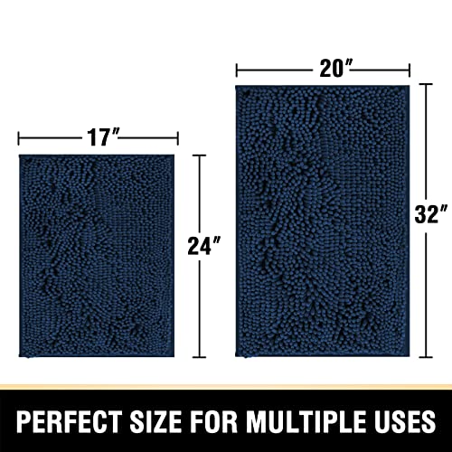 Bathroom Rugs Bath Mats For Bathroom Non Slip Luxury Chenille Bathroom Rugs Extra Soft Absorbent Shaggy Bathroom Mat Rugs Washable Fast Dry Bathroom Rugs Sets 2 Piece (Navy, 20" X 32"/17" X 24") #TOP6
