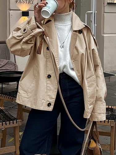 Tankaneo Womens Trench Coat Single Breasted Lapel Casual Oversized Coats Short Jacket Fall Outerwear3