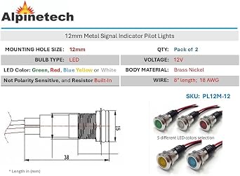Alpinetech PL12M 12mm 1/2 12V AC LED Metal Signal Indicator Pilot Dash Light (White)