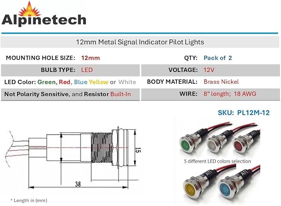 Alpinetech PL12M 12mm 1/2 12V AC LED Metal Signal Indicator Pilot Dash Light (White)
