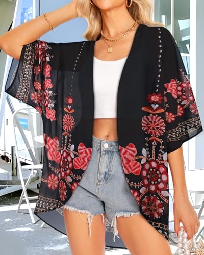 Image of Women Kimono Cardigans Casual Summer Tops Cover up Open Front Floral Print Resort Wear 2026