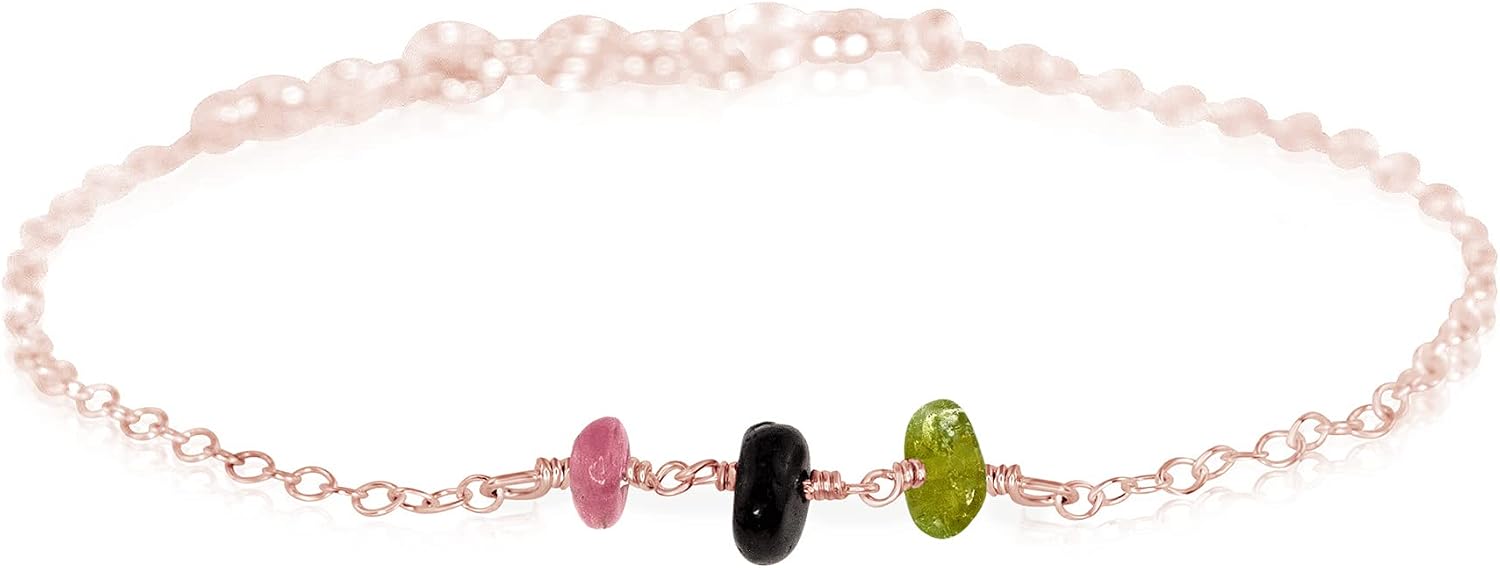 Tourmaline Beaded Chain Anklet in 14k Rose Gold Fill