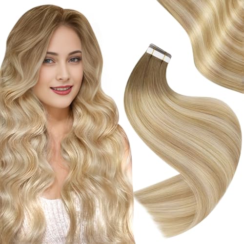Easyouth Invisible Tape in Hair Extensions Human Hair Balayage Blond Tape Extensions Real Human Hair 24 Inch Brown Ombre Honey Blonde Platinum Blonde Tape in Human Hair Straight 20Pcs 50g #6/27/60