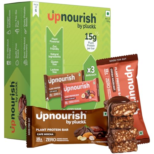 Image of Upnourish By Pluckk 15G Plant Protein Bar | Cafe Mocha & Cocoa Hazelnut | No Preservative | No Added Sugar | Gut Friendly | Rice & Pea Protein | All Natural Ingredients | Assorted Pack (6 pcs) - 300G