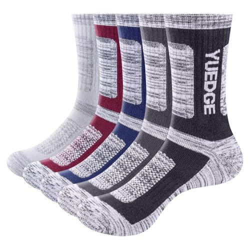 YUEDGE 5 Paires Homme Chaussettes de RandonnéeNoir/Gris/Gris Clair/Bleu/Rouge Vineux Taille L,L (Chaussure Homme 38,5-43,5 EU Taille),Multicolore