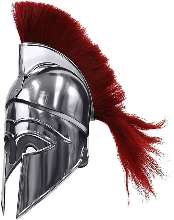 Greek Corinthian Helmet Knight Medieval Corinthian Helmet with Red Plume Grey, Medium