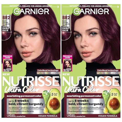 Garnier Nutrisse Ultra Color Hair Color, Permanent Hair Dye for Up to 8 Weeks of Bold, Vibrant, Fade-Resistant Results, Vegan & Cruelty-Free, BR2 Dark Intense Burgundy (Passion Fruit), 2 Count