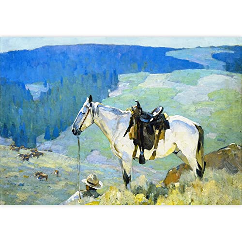 IDEA4WALL Removable Wall Sticker/Wall Mural Cowboy & Horse Stallion Mountain Nature Wilderness Illustrations Fine Art Farmhouse/Country Landscape Rustic for Living Room, Bedroom, Office - 66"x96"