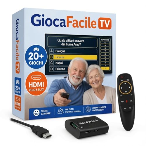 GiocaFacileTV - Console di Giochi per TV - Idea Regalo per Nonni e Genitori - Carte, Quiz, Cruciverba, Memoria - Pensata per Anziani, Telecomando Semplice e Caratteri Grandi - by Semplay