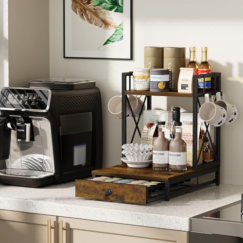 VYUOL Coffee Pod Holder with Drawer, 35 K Cup Holder Organizer, 3 Tier Coffee Station Organizer, Coffee Bar Accessories Organizer Rack with 4 Hooks for Home Office - Thumbnail 7