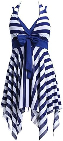 One Piece Floral Ruched Halter Push Up Slim Tummy Control Tankini Swim Dress Blue XX-Large