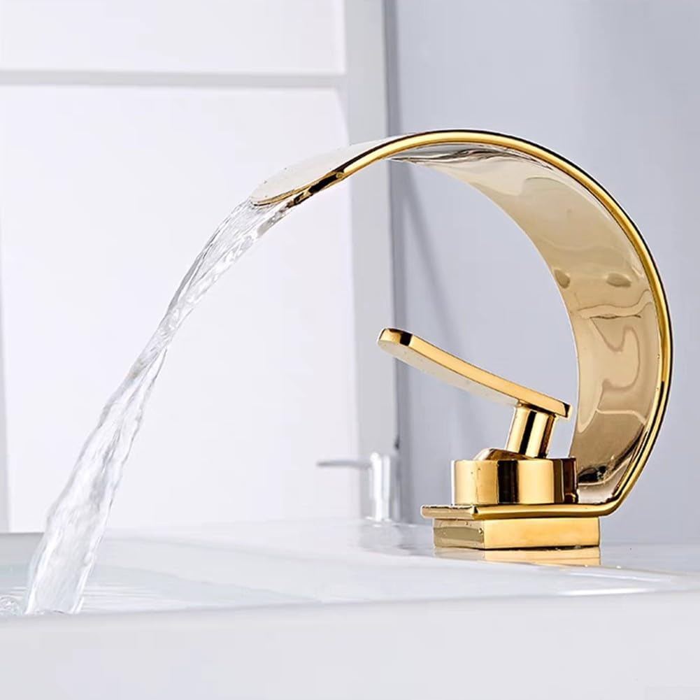 Unikalny kran zlewozmywakowy typu „Water Design”, jednootworowy, mosiężny, łazienkowy, kompatybilny z czarno-złotymi, białymi umywalkami, w nowoczesnym stylu srebrno-chromowym (biały chrom)