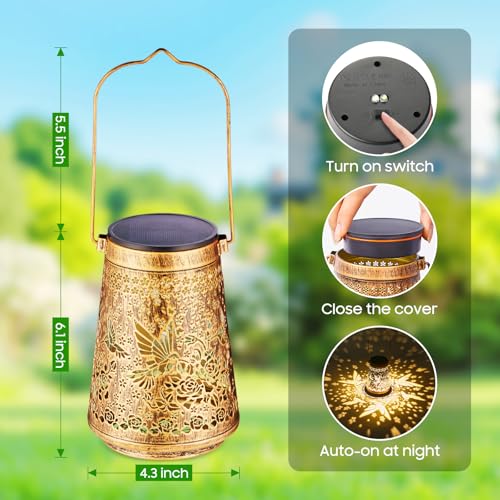 2 Pack Solar Lanterns Outdoor Waterproof Birthday Gifts for Women Mom Grandma, Hollowed-Out Metal Hummingbird Hanging Solar Lantern Lights Outdoor Decor, 2 Modes Lights Decor for Yard, Patio — view 5