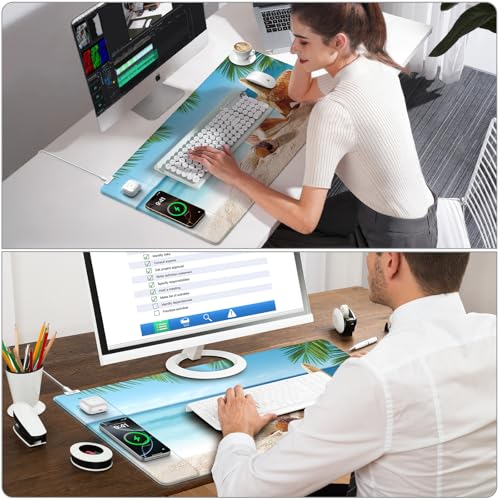 Image of Wireless Charging Mouse Pad, 31.5 inchx15.8 inch, with 20W PD Adapter, Summer Beach
