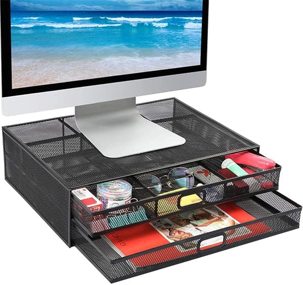 Mesh Metal Monitor Riser with Storage Drawer for Desktop Organization