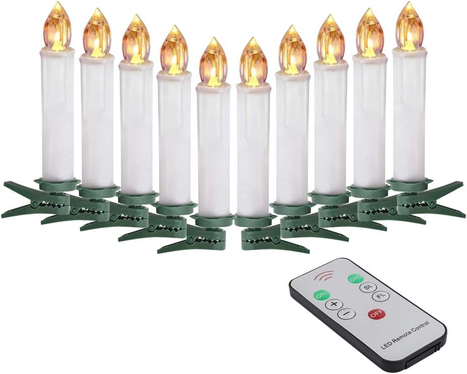 Flameless Taper Candles with Remote Control Set of 10 Led Electric Battery Powered Warm White Flicker Lights Realistic Christmas Candles with Detachable Clips Birthday Led Lighting