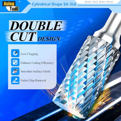 Image of SA-5L6 Tungsten Carbide Burr Lengthened Rotary File Cylindrical Shape Double Cut for Die Grinder Drill Bits 1 /4'' Inch Diameter of Shank and 1 /2'' Inch Diameter of Cutter 1'' Inch Cutter Length