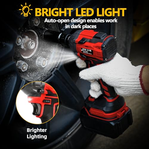 Tools 007 500N.m Cordless Impact Wrench, 21V High Torque Power Impact Driver, 1/2\" Brushless Impact Gun with 2.0Ah Li-ion Battery, Electric Impact Motor Variable Speeds for Car/Truck RV/Mower (Red) - Thumbnail 4