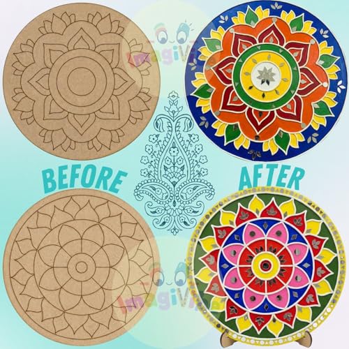 Image of ImagiVibe DIY Lippan Art Kit for Kids and Adults | 2 Pre-Marked 12 Inch MDF Boards with Stand | Indian Folk Art Craft Kit with Clay Mirrors and 6 Non-Toxic Acrylic Paint Colors | Wall Decor DIY Gift Kit (12inch Acrylic Colors)