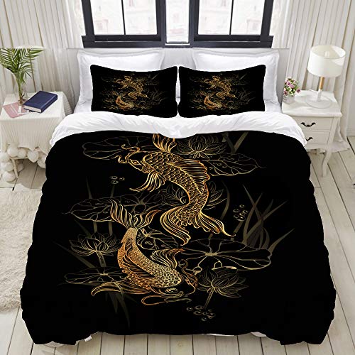 SUGARHE Parure de lit Adulte,Housse de Couette,Koi carpes Lotus asiatiques Symboles spirituels,1 Housse de Couette 220x240 cm+2 Taies d'Oreillers 63x63 CM