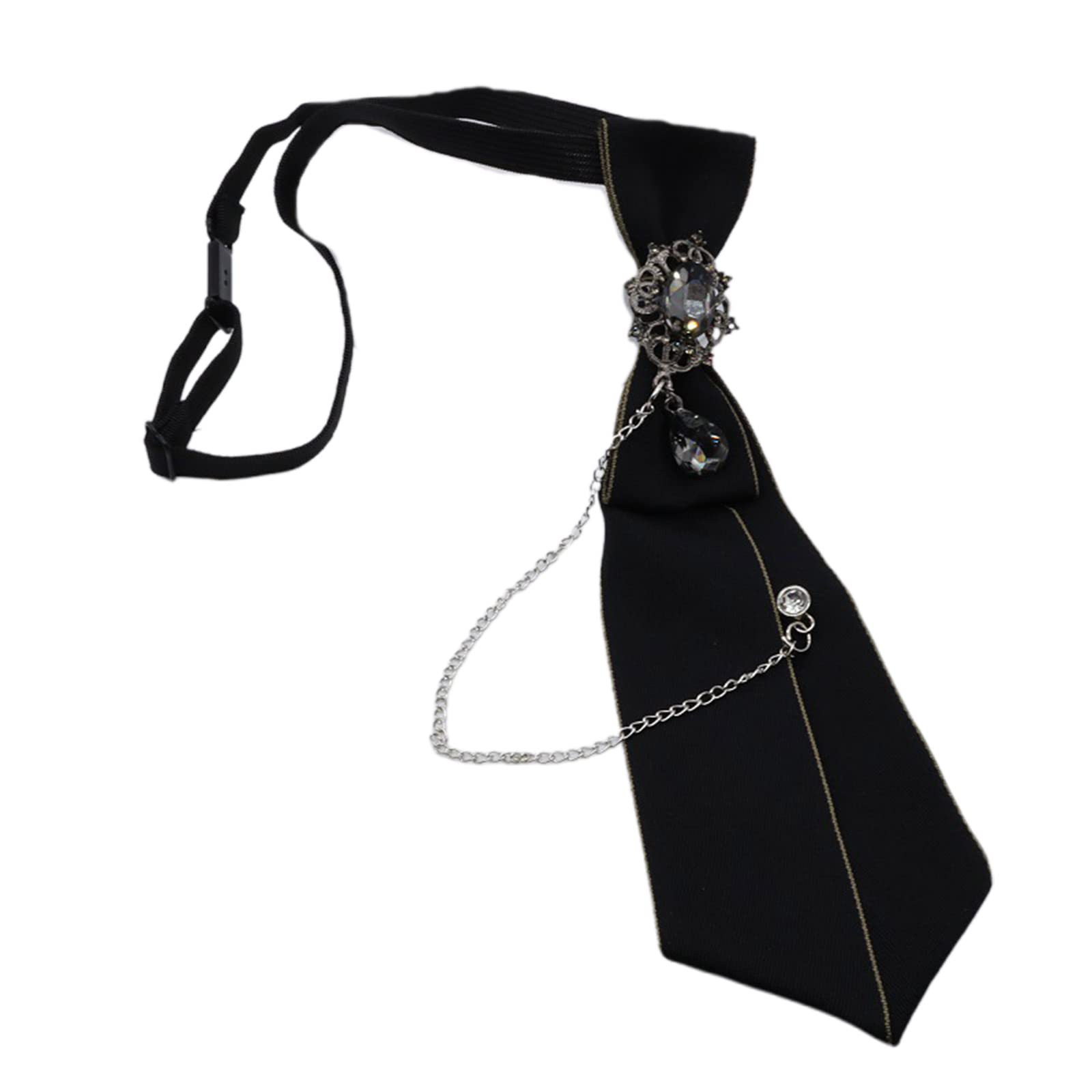 Thereisno Gothic Black Necktie for Rhinestone Pendant Metal Chain Evening Party Pretied Bo Neck Tie