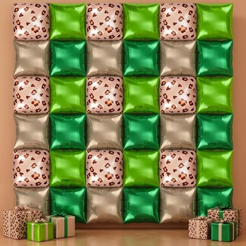 Image of Xqumoi Cheetah Print Square Foil Balloons Wall Backdrop - 36pcs Mixed Color Leopard Print Balloon Kit, Party Decor for Birthday, Bachelorette, Wild Theme Party Photo Booth Backdrop (Green)