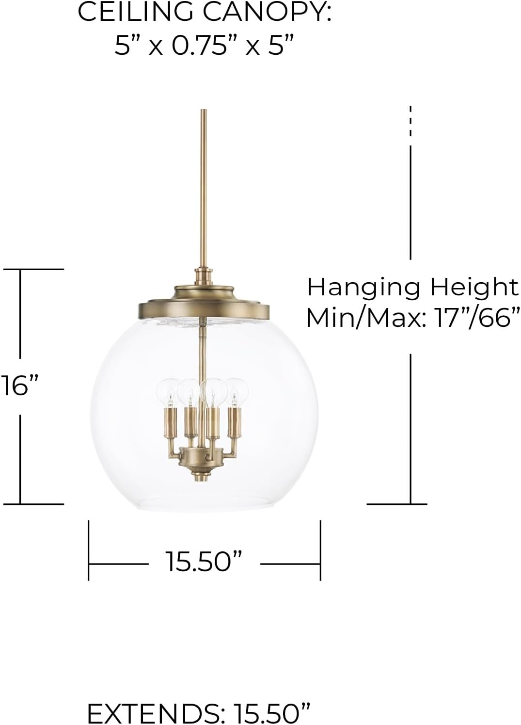 Capital Lighting 321142AD Mid-Century Retro/Vintage Globe Clear Glass Pendant, 4-Light 240 Total Watts, 16" H x 16" W, Aged Brass