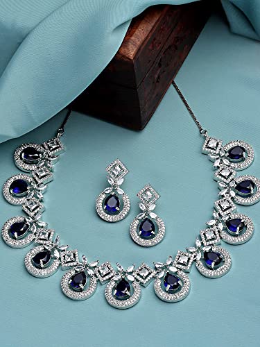 Karatcart Silver Tone Blue American Diamond Studded Necklace Set for Women - Image 4