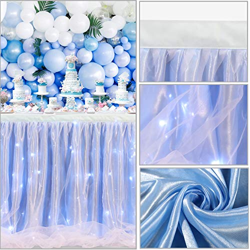 Blue Tulle Table Skirt Ruffle Table Cloth With Led String Lights For Rectangle Or Round Table, Christmas, Wedding, Birthday, Baby Shower, Party Supplies, 6 X 2.5 Ft #TOP4