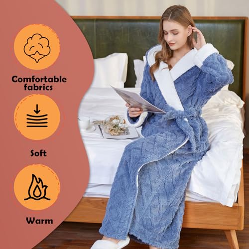 Oksun Womens Long Fleece Robe: Soft Fluffy Jacquard Warm Hooded Bathrobe3