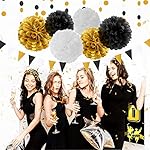 Black Gold Graduation Party Decorations - 23pcs Kits Farewell Tissue Pom Poms Flowers,Streamers Banner,Tassel Garland 50th Men Birthday Bachelorette Baby Shower Decoration Bunting Lasting Surprise - Image 2
