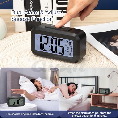 Image of Reacher Black Digital Alarm Clock Table Clock for Students, Home, Office, Corporate with Automatic Sensor, Date & Temperature