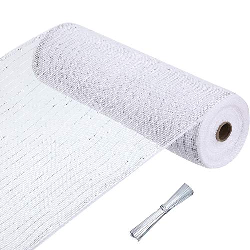 1 Roll Poly Mesh Ribbon, 10 Inch x 50 Feet, and 100 Pieces Twist Ties for Wreaths, Basket and Craft Home Decoration (White, Silver)